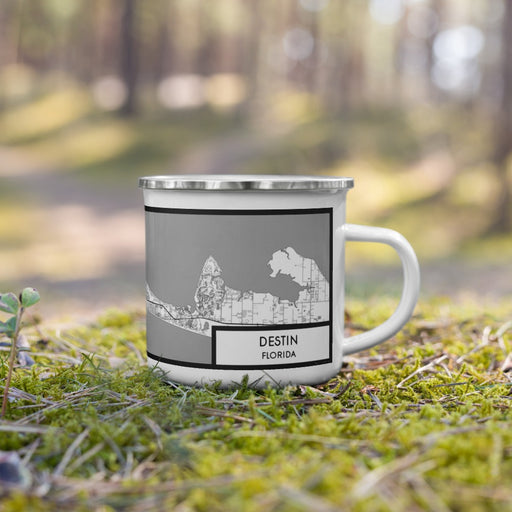 Right View Custom Destin Florida Map Enamel Mug in Classic on Grass With Trees in Background