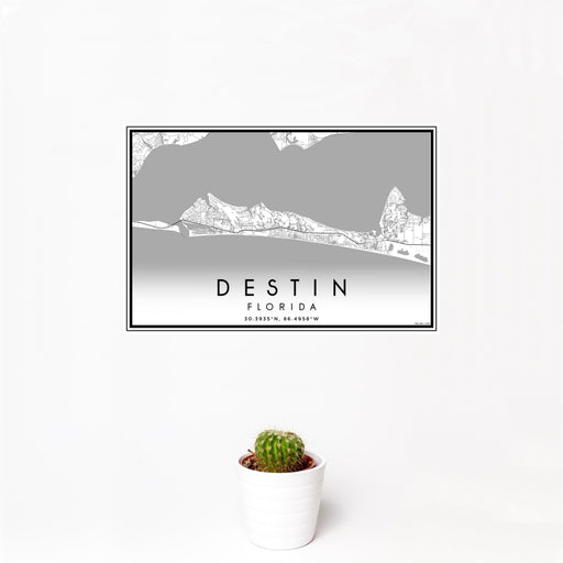 12x18 Destin Florida Map Print Landscape Orientation in Classic Style With Small Cactus Plant in White Planter