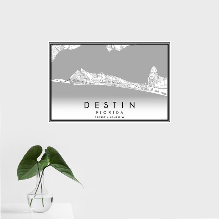 16x24 Destin Florida Map Print Landscape Orientation in Classic Style With Tropical Plant Leaves in Water