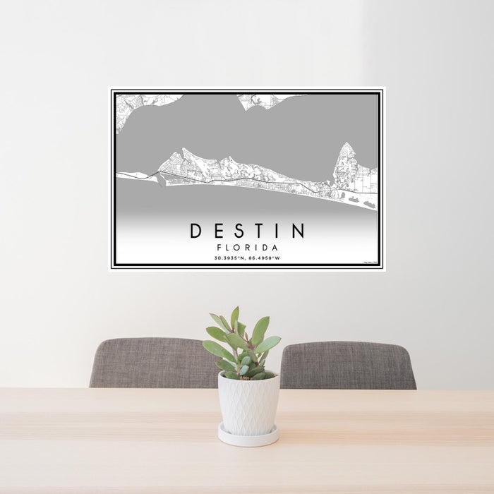 24x36 Destin Florida Map Print Landscape Orientation in Classic Style Behind 2 Chairs Table and Potted Plant