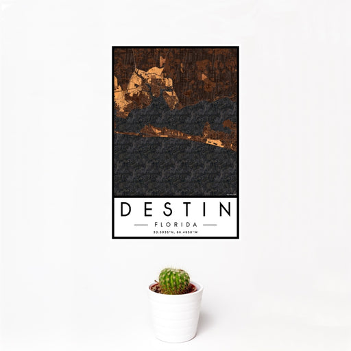 12x18 Destin Florida Map Print Portrait Orientation in Ember Style With Small Cactus Plant in White Planter
