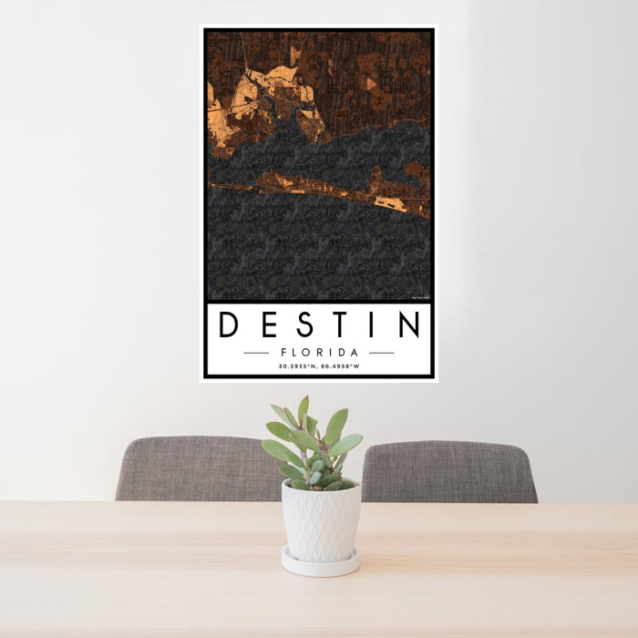 24x36 Destin Florida Map Print Portrait Orientation in Ember Style Behind 2 Chairs Table and Potted Plant