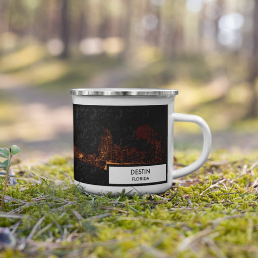 Right View Custom Destin Florida Map Enamel Mug in Ember on Grass With Trees in Background