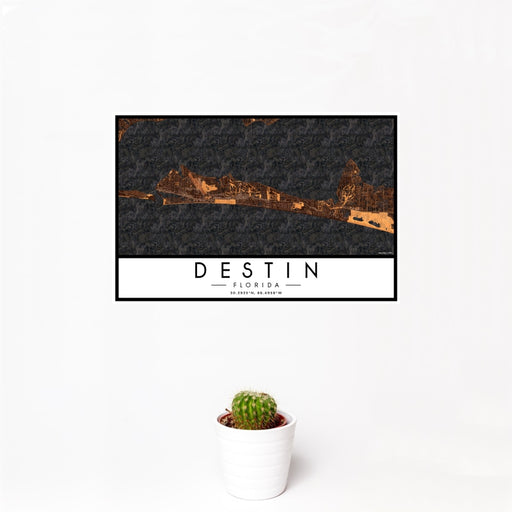 12x18 Destin Florida Map Print Landscape Orientation in Ember Style With Small Cactus Plant in White Planter