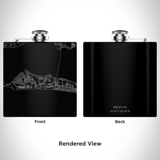 Rendered View of Destin Florida Map Engraving on 6oz Stainless Steel Flask in Black