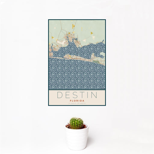 12x18 Destin Florida Map Print Portrait Orientation in Woodblock Style With Small Cactus Plant in White Planter