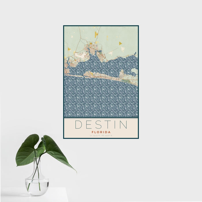 16x24 Destin Florida Map Print Portrait Orientation in Woodblock Style With Tropical Plant Leaves in Water