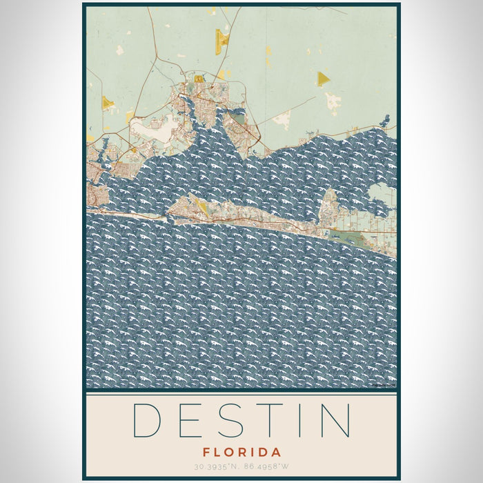 Destin Florida Map Print Portrait Orientation in Woodblock Style With Shaded Background
