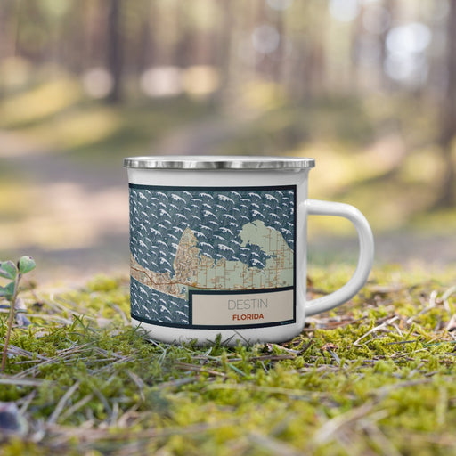 Right View Custom Destin Florida Map Enamel Mug in Woodblock on Grass With Trees in Background