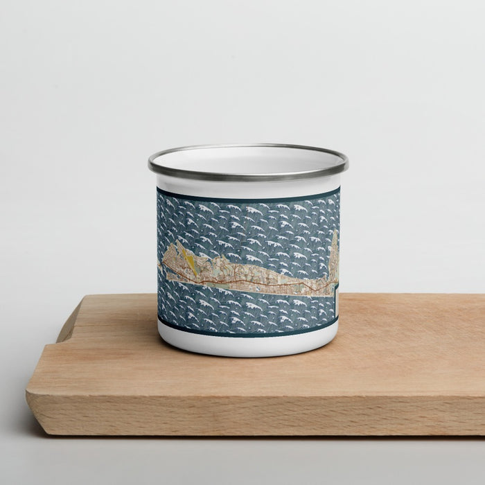 Front View Custom Destin Florida Map Enamel Mug in Woodblock on Cutting Board