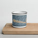 Front View Custom Destin Florida Map Enamel Mug in Woodblock on Cutting Board