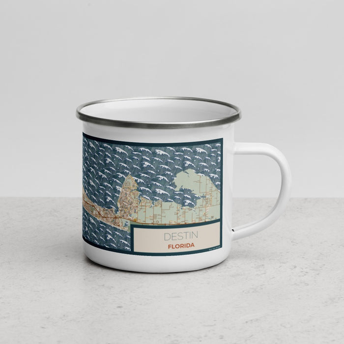 Right View Custom Destin Florida Map Enamel Mug in Woodblock