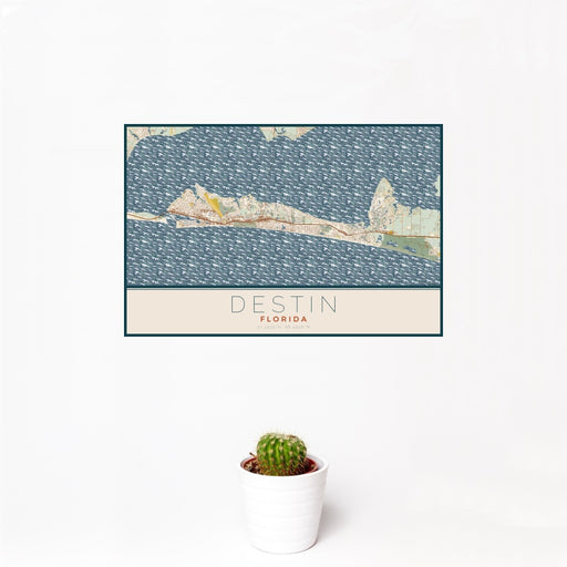 12x18 Destin Florida Map Print Landscape Orientation in Woodblock Style With Small Cactus Plant in White Planter
