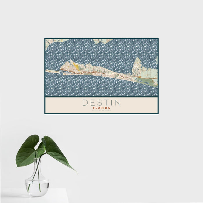 16x24 Destin Florida Map Print Landscape Orientation in Woodblock Style With Tropical Plant Leaves in Water