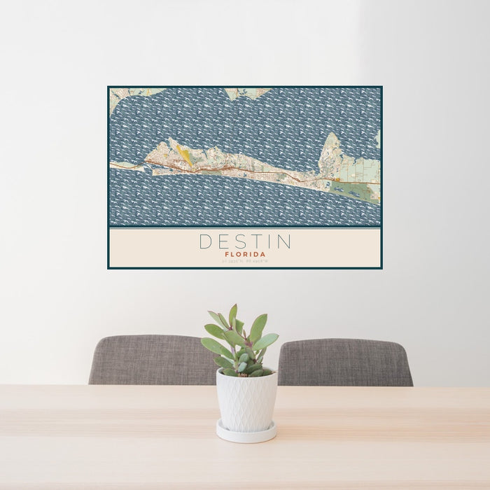24x36 Destin Florida Map Print Landscape Orientation in Woodblock Style Behind 2 Chairs Table and Potted Plant