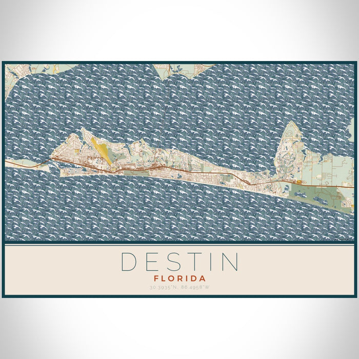 Destin Florida Map Print Landscape Orientation in Woodblock Style With Shaded Background