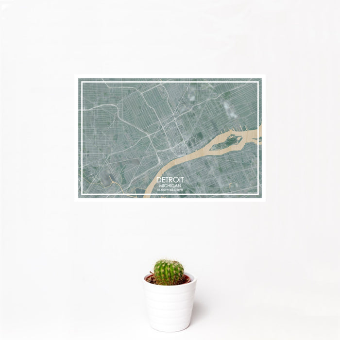 12x18 Detroit Michigan Map Print Landscape Orientation in Afternoon Style With Small Cactus Plant in White Planter