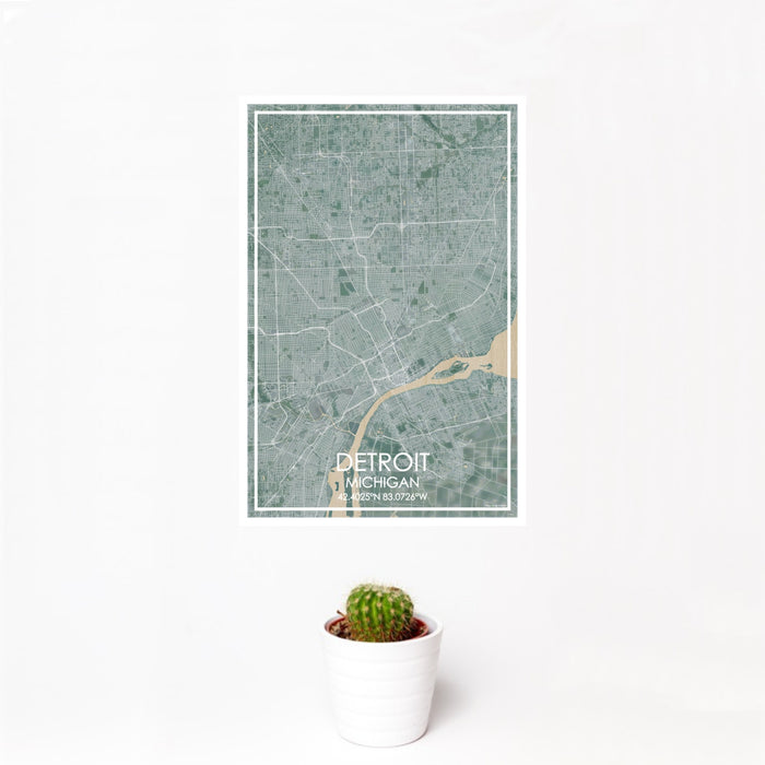 12x18 Detroit Michigan Map Print Portrait Orientation in Afternoon Style With Small Cactus Plant in White Planter