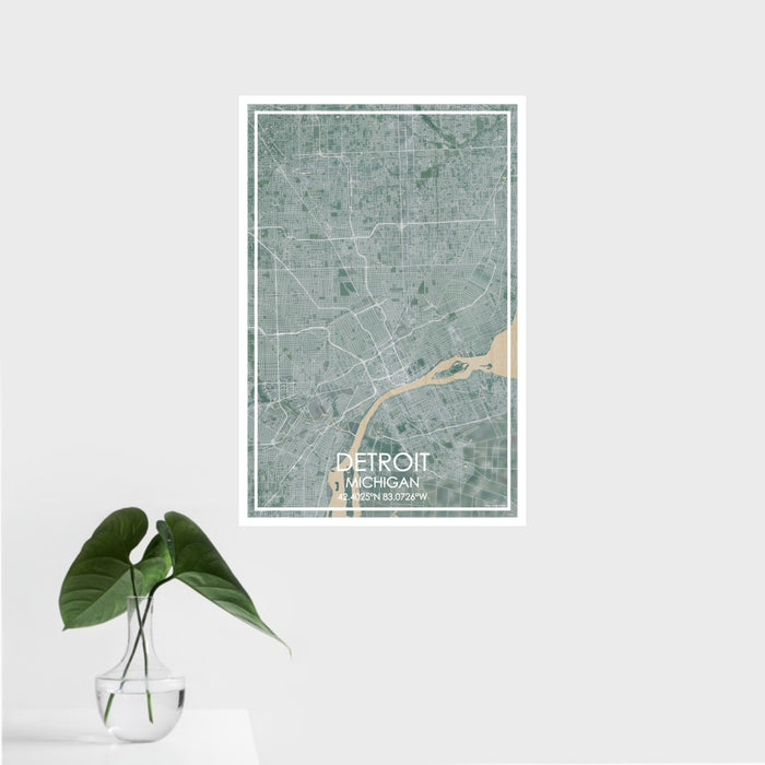 16x24 Detroit Michigan Map Print Portrait Orientation in Afternoon Style With Tropical Plant Leaves in Water