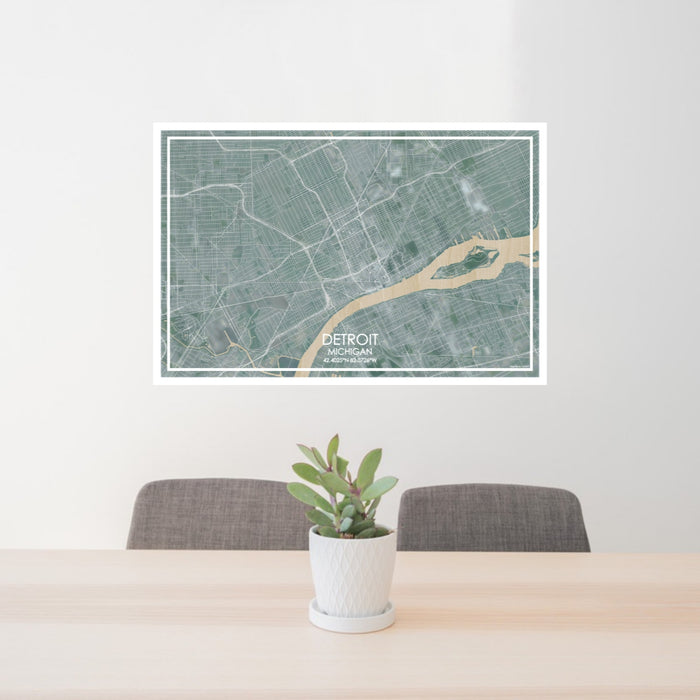 24x36 Detroit Michigan Map Print Lanscape Orientation in Afternoon Style Behind 2 Chairs Table and Potted Plant