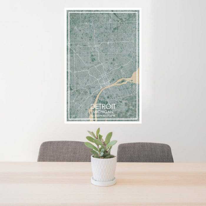 24x36 Detroit Michigan Map Print Portrait Orientation in Afternoon Style Behind 2 Chairs Table and Potted Plant