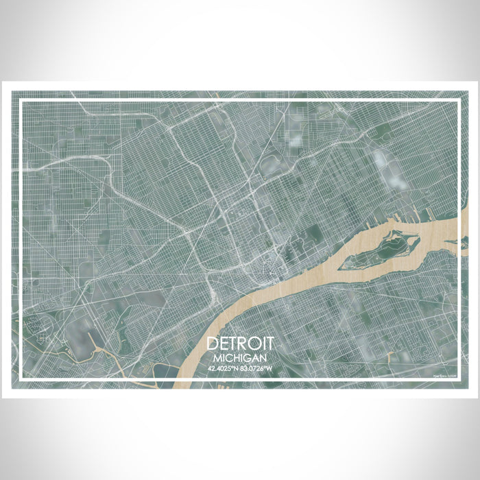 Detroit Michigan Map Print Landscape Orientation in Afternoon Style With Shaded Background