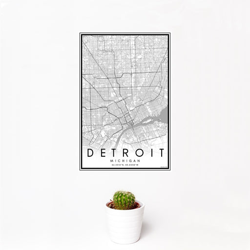 12x18 Detroit Michigan Map Print Portrait Orientation in Classic Style With Small Cactus Plant in White Planter