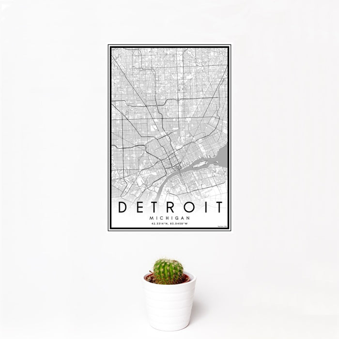 12x18 Detroit Michigan Map Print Portrait Orientation in Classic Style With Small Cactus Plant in White Planter