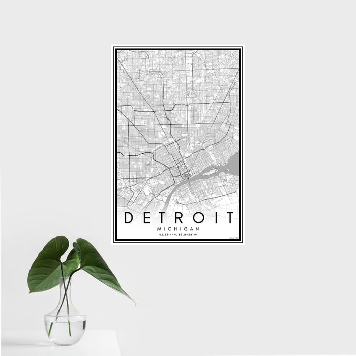 16x24 Detroit Michigan Map Print Portrait Orientation in Classic Style With Tropical Plant Leaves in Water