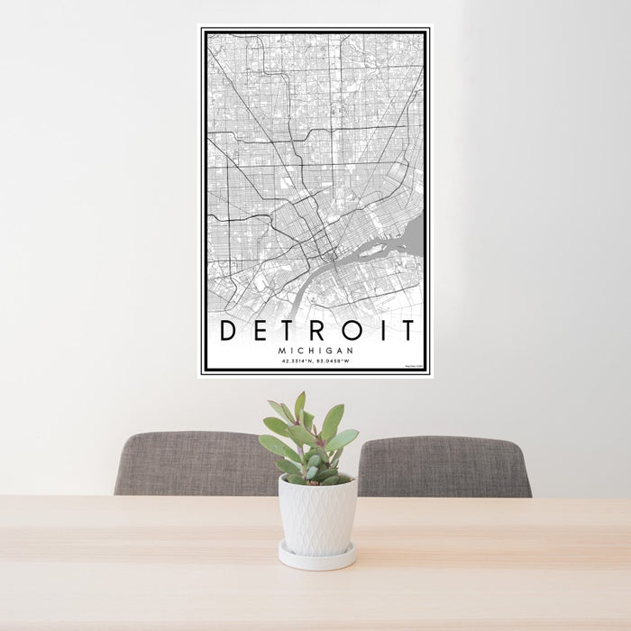 24x36 Detroit Michigan Map Print Portrait Orientation in Classic Style Behind 2 Chairs Table and Potted Plant