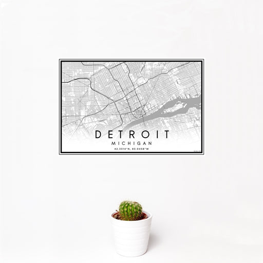 12x18 Detroit Michigan Map Print Landscape Orientation in Classic Style With Small Cactus Plant in White Planter