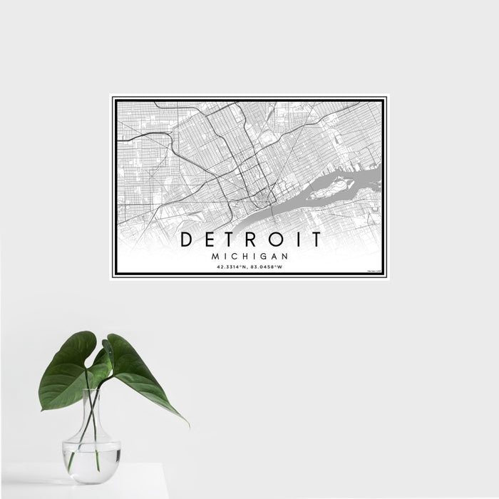 16x24 Detroit Michigan Map Print Landscape Orientation in Classic Style With Tropical Plant Leaves in Water