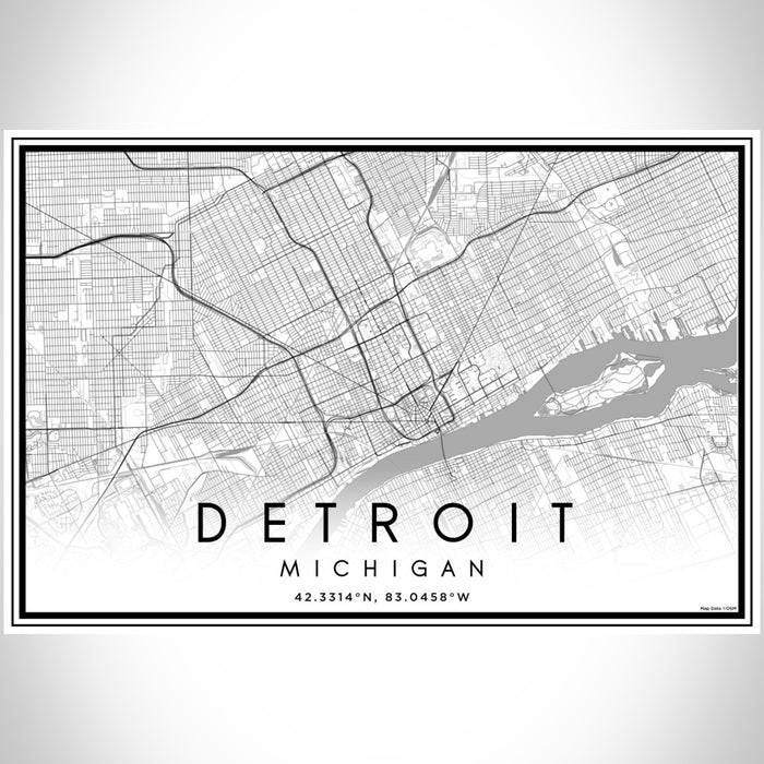 Detroit Michigan Map Print Landscape Orientation in Classic Style With Shaded Background