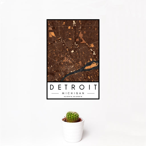12x18 Detroit Michigan Map Print Portrait Orientation in Ember Style With Small Cactus Plant in White Planter