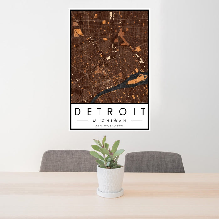 24x36 Detroit Michigan Map Print Portrait Orientation in Ember Style Behind 2 Chairs Table and Potted Plant