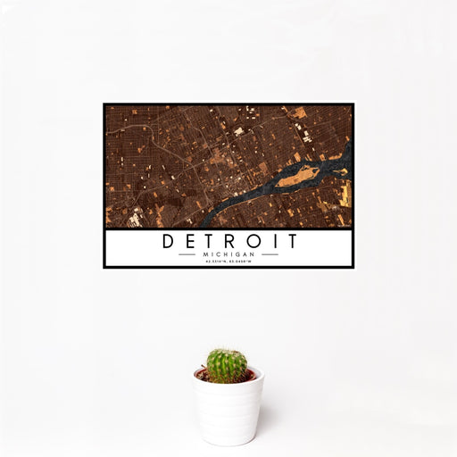12x18 Detroit Michigan Map Print Landscape Orientation in Ember Style With Small Cactus Plant in White Planter