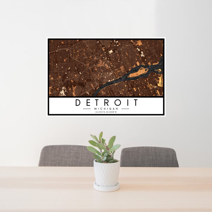 24x36 Detroit Michigan Map Print Landscape Orientation in Ember Style Behind 2 Chairs Table and Potted Plant