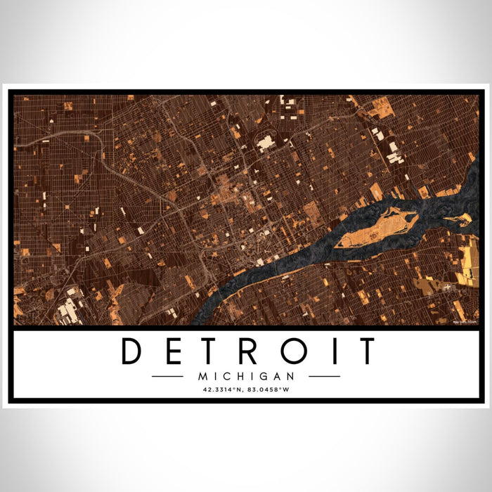 Detroit Michigan Map Print Landscape Orientation in Ember Style With Shaded Background