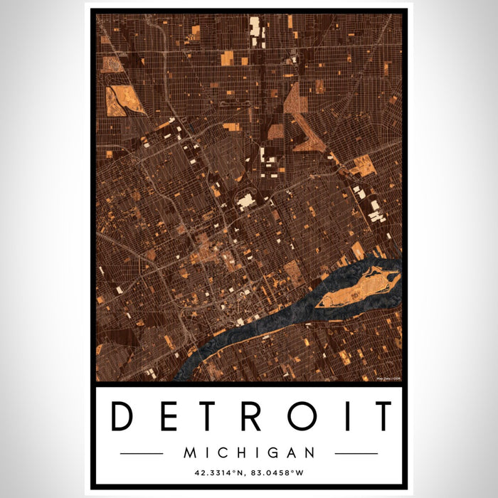 Detroit Michigan Map Print Portrait Orientation in Ember Style With Shaded Background