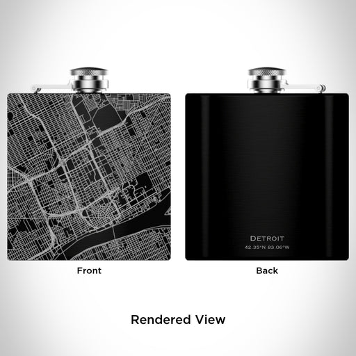 Rendered View of Detroit Michigan Map Engraving on 6oz Stainless Steel Flask in Black
