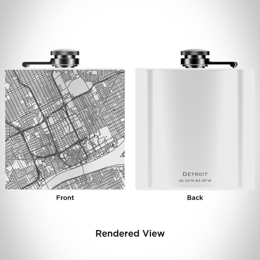Rendered View of Detroit Michigan Map Engraving on 6oz Stainless Steel Flask in White