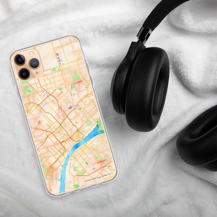 Custom Detroit Michigan Map Phone Case in Watercolor on Table with Black Headphones