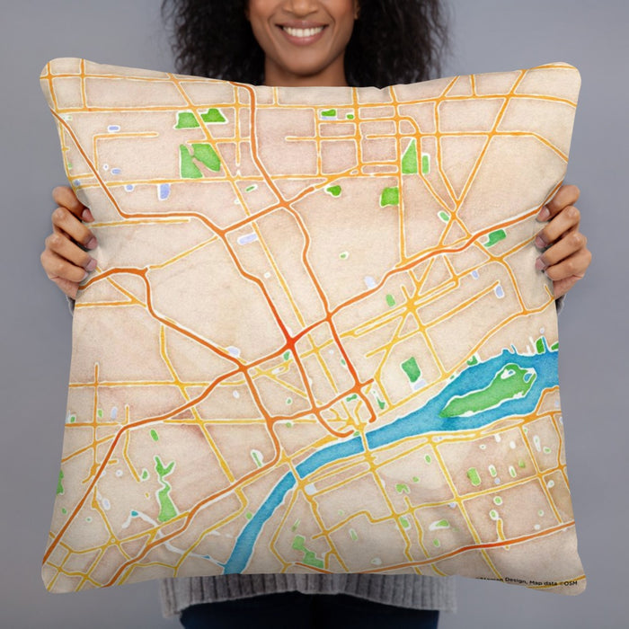 Person holding 22x22 Custom Detroit Michigan Map Throw Pillow in Watercolor