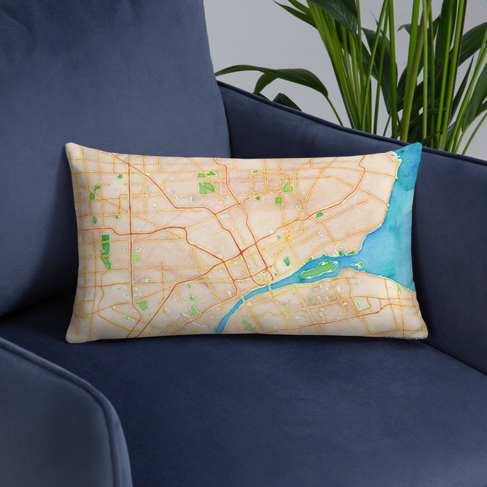Custom Detroit Michigan Map Throw Pillow in Watercolor on Blue Colored Chair