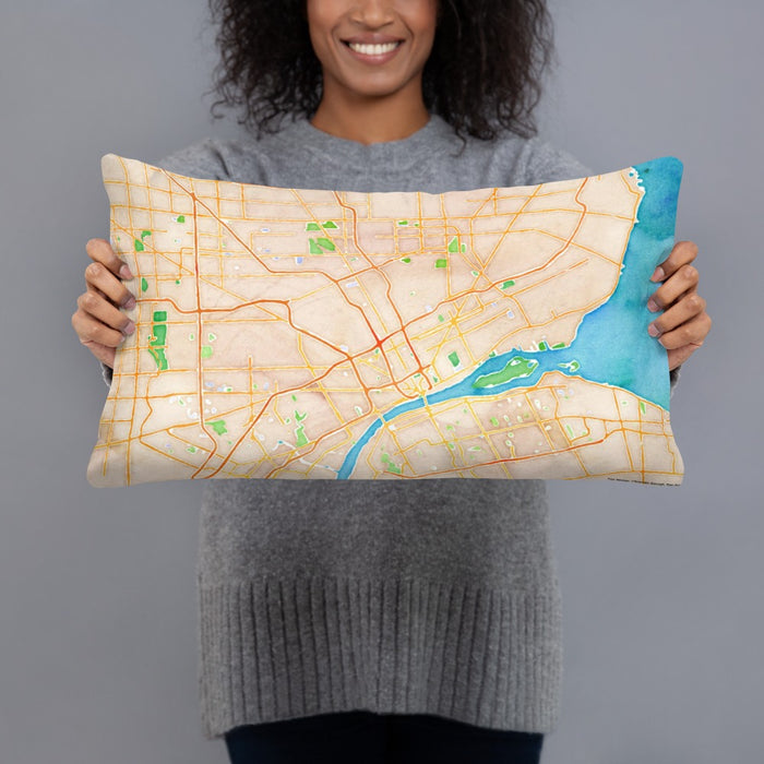 Person holding 20x12 Custom Detroit Michigan Map Throw Pillow in Watercolor