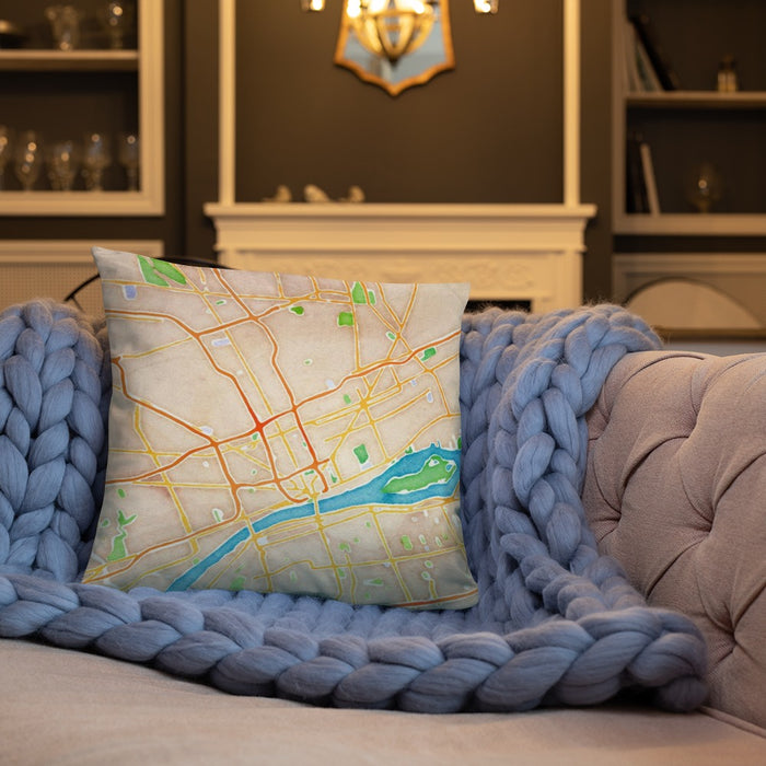 Custom Detroit Michigan Map Throw Pillow in Watercolor on Cream Colored Couch