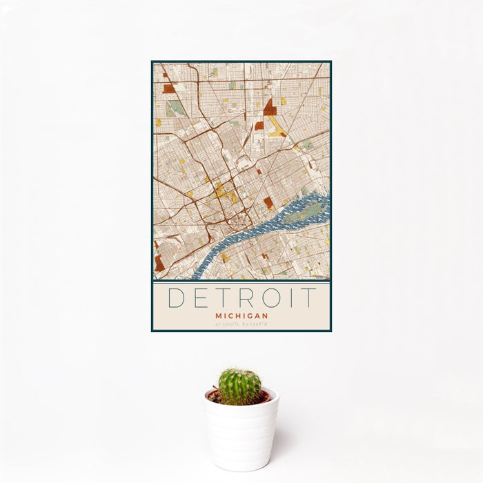 12x18 Detroit Michigan Map Print Portrait Orientation in Woodblock Style With Small Cactus Plant in White Planter