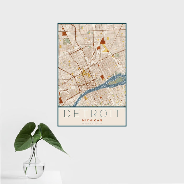 16x24 Detroit Michigan Map Print Portrait Orientation in Woodblock Style With Tropical Plant Leaves in Water