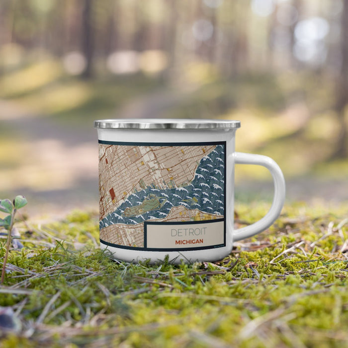 Right View Custom Detroit Michigan Map Enamel Mug in Woodblock on Grass With Trees in Background