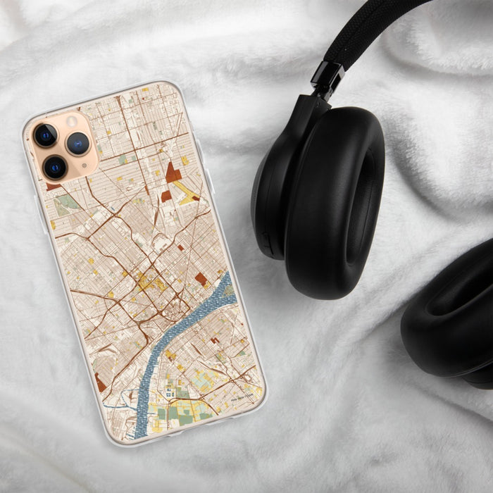Custom Detroit Michigan Map Phone Case in Woodblock on Table with Black Headphones